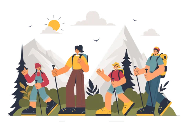 Amigos vão para uma aventura de caminhada na montanha  Ilustração