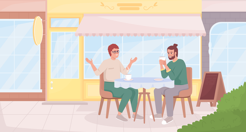 Amigos varones discutiendo las últimas noticias tomando un café  Ilustración