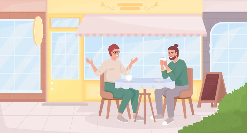 Amigos varones discutiendo las últimas noticias tomando un café  Ilustración