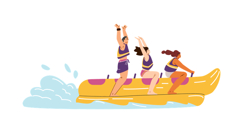 Amigos viajan en un bote inflable tipo banana  Ilustración