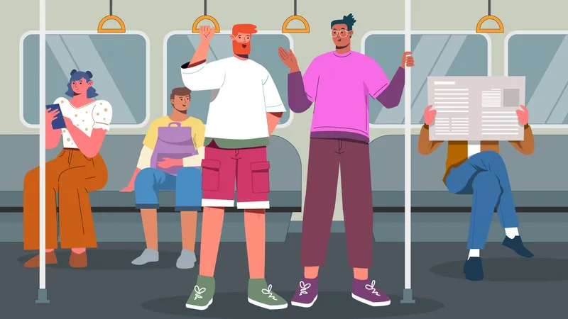 Amigos viajando de metrô  Ilustração