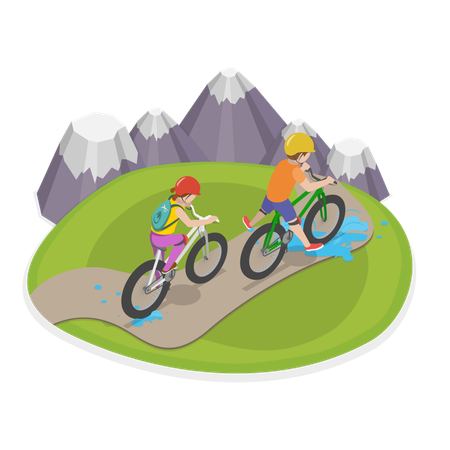 Amigos haciendo ciclismo en las montañas  Ilustración