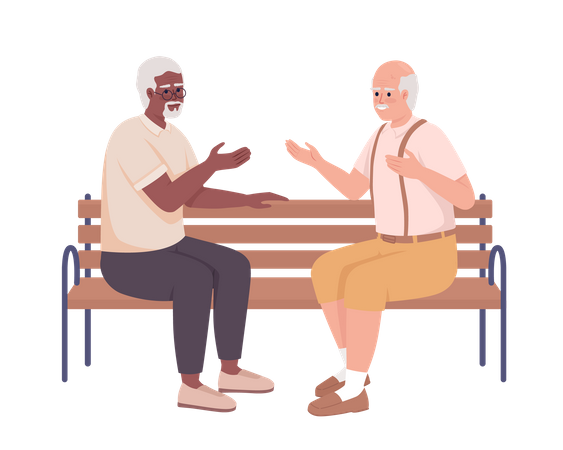 Amis âgés ayant une conversation sur un banc  Illustration