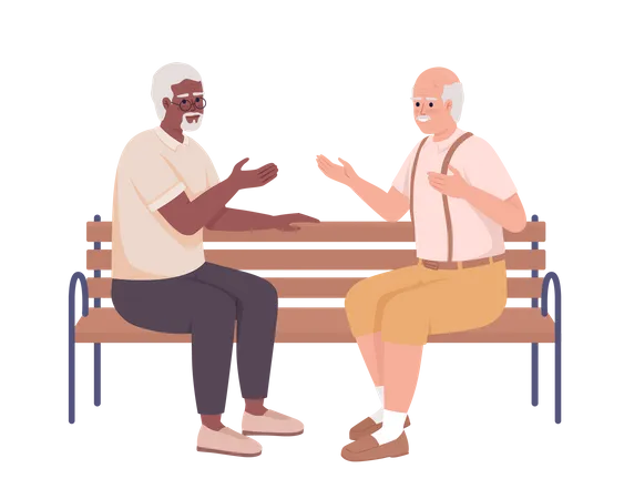 Amis âgés ayant une conversation sur un banc  Illustration