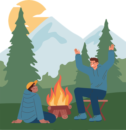Amis assis près d'un feu de camp en camping  Illustration
