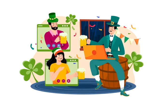 Amis célébrant la Saint-Patrick par vidéoconférence en ligne  Illustration