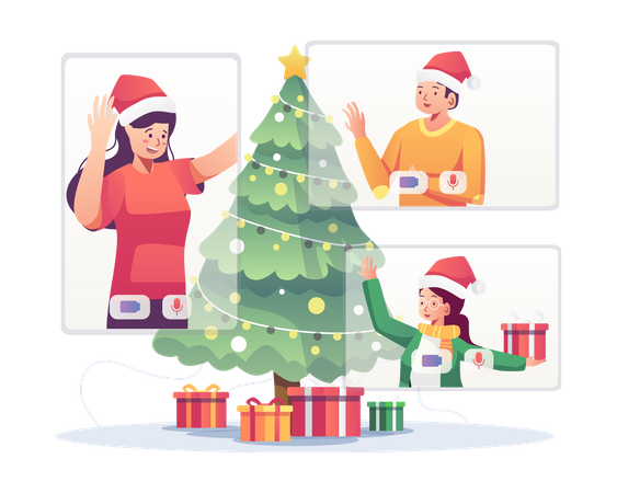 Amis célébrant Noël par appel vidéo  Illustration