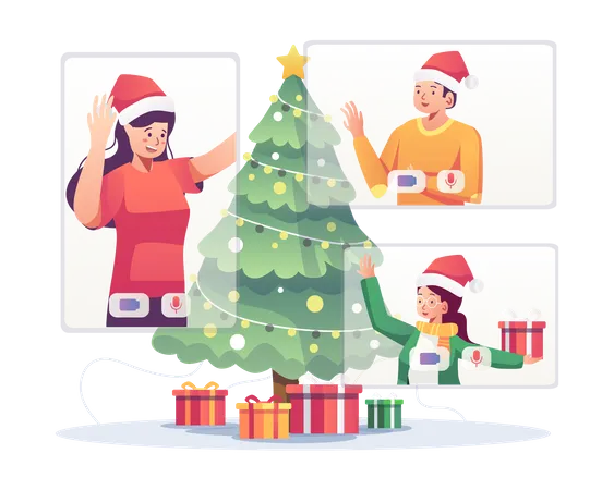 Amis célébrant Noël par appel vidéo  Illustration