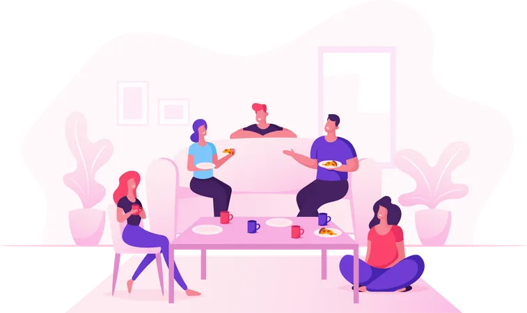 Des amis célèbrent la fête à la maison assis dans le salon en mangeant de la pizza et en buvant du thé  Illustration