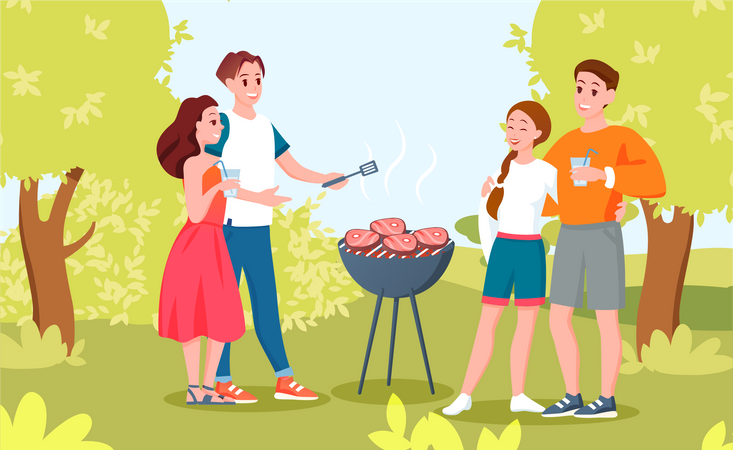 Couples d'amis cuisinant un steak sur un barbecue en forêt  Illustration
