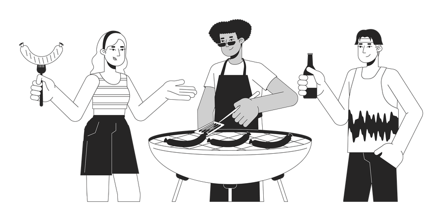 Des amis préparent un barbecue  Illustration