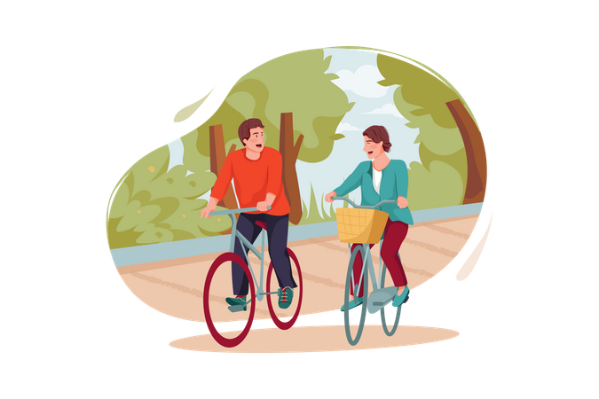 Amis faisant du vélo dans le parc  Illustration