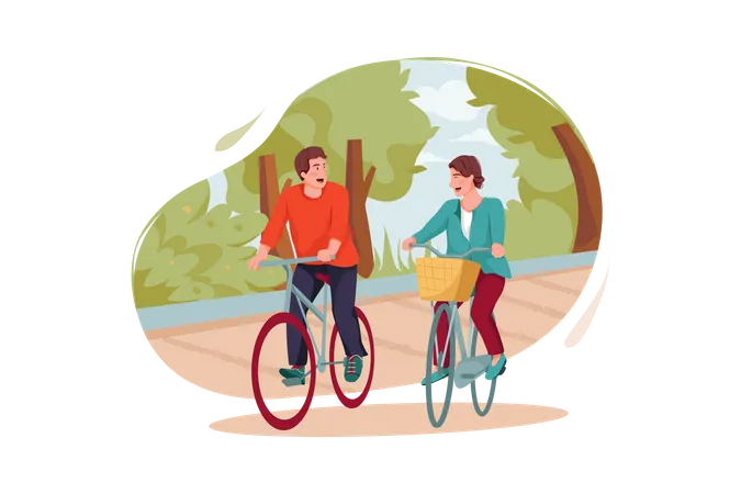 Amis faisant du vélo dans le parc  Illustration