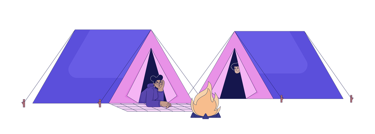 Amis dans des tentes de camping feu de joie  Illustration