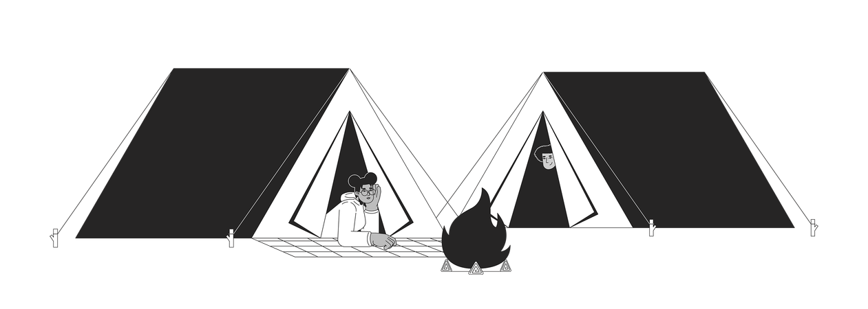 Amis dans des tentes de camping feu de joie  Illustration