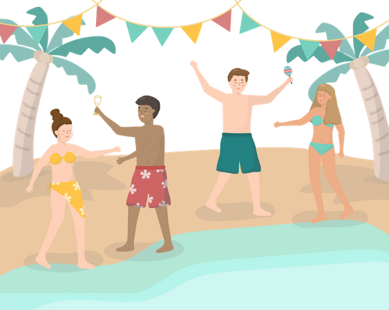 Amis dansant sur la plage  Illustration