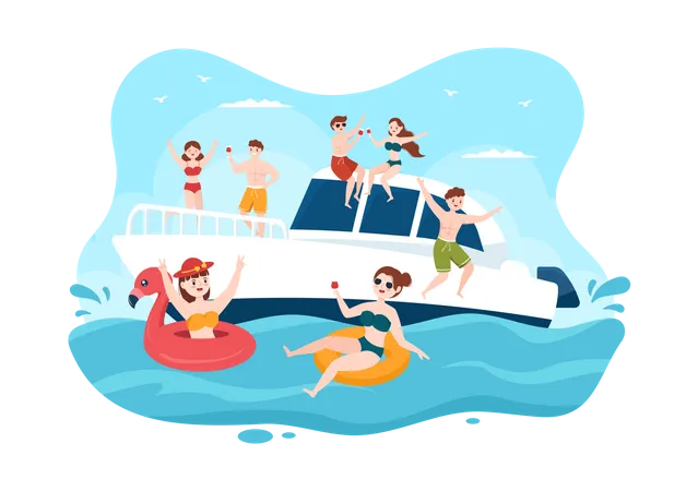 Amis dansant sur un yacht  Illustration