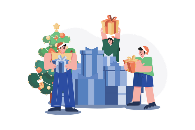 Amis échangeant des cadeaux de Noël  Illustration