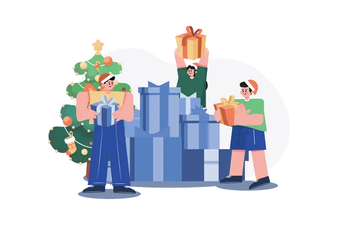 Amis échangeant des cadeaux de Noël  Illustration