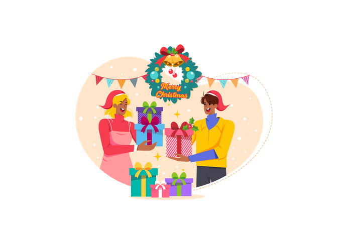 Amis échangeant des cadeaux de Noël  Illustration