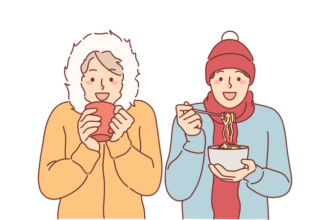 Amis déjeunant debout sous la neige dans des vêtements d'hiver  Illustration