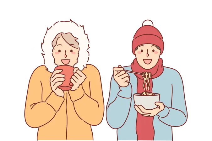 Amis déjeunant debout sous la neige dans des vêtements d'hiver  Illustration