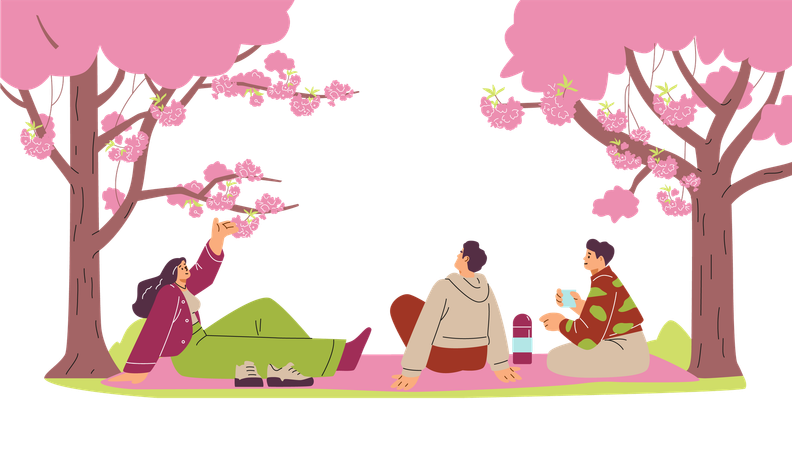 Des amis pique-niquent sous les Sakura dans un parc  Illustration