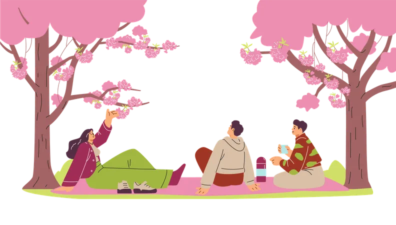 Des amis pique-niquent sous les Sakura dans un parc  Illustration