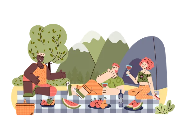 Amis en vacances d'été pique-nique en camping sur un paysage de montagne  Illustration