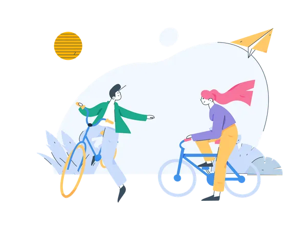 Amis faisant du vélo dans le parc  Illustration