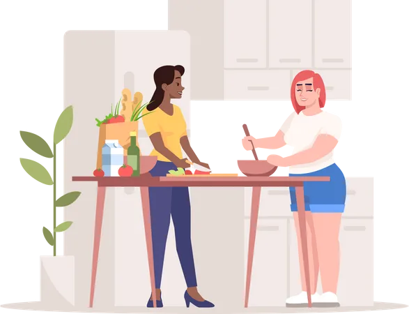 Amis préparant un plat ensemble  Illustration