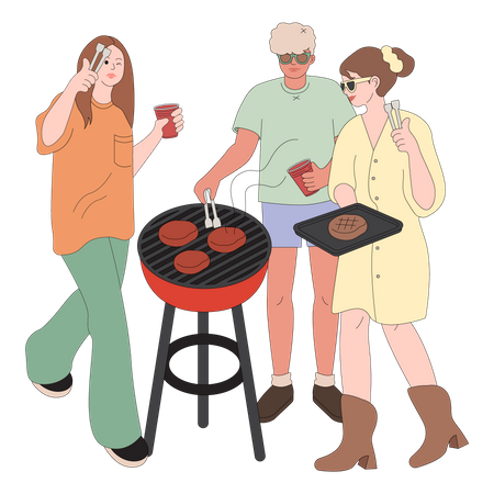 Amis faisant une soirée barbecue  Illustration