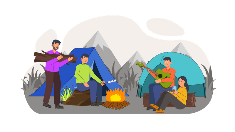 Amis heureux en camping  Illustration