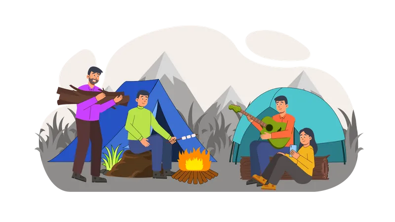 Amis heureux en camping  Illustration