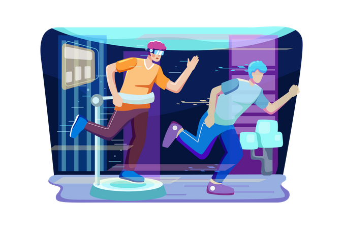 Amis jouant à un jeu de réalité virtuelle  Illustration