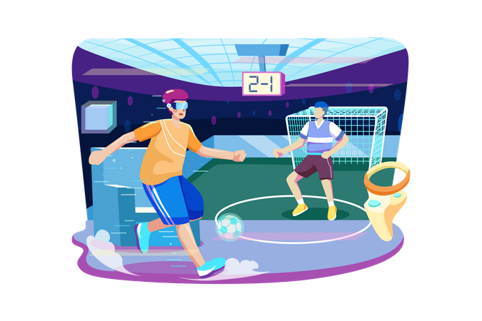 Amis jouant au football en utilisant la VR  Illustration