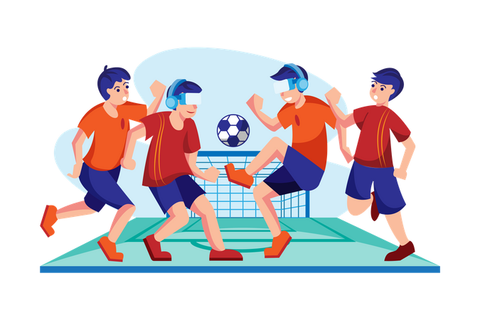 Amis jouant au football en utilisant la VR  Illustration