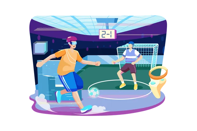 Amis jouant au football en utilisant la VR  Illustration