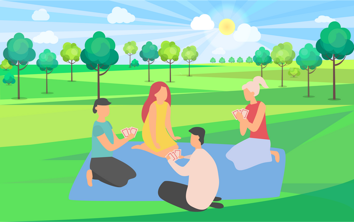 Amis jouant aux cartes dans le parc  Illustration