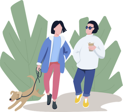Amis marchant avec un animal de compagnie  Illustration