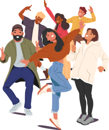 Des amis multiraciaux joyeux et heureux posant dans différentes poses exprimant des émotions positives  Illustration