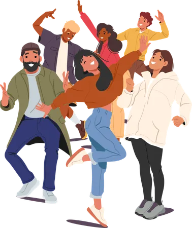 Des amis multiraciaux joyeux et heureux posant dans différentes poses exprimant des émotions positives  Illustration