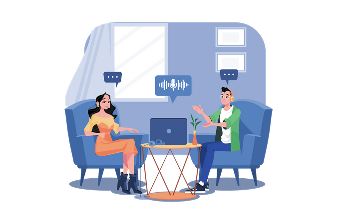 Amis parlant tout en écoutant le podcast  Illustration