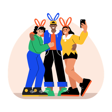 Des amis prennent un selfie de Pâques  Illustration