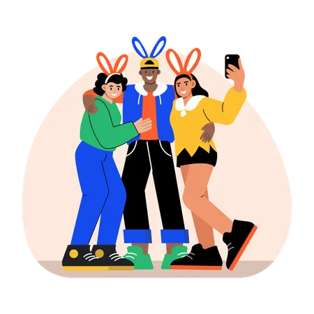 Des amis prennent un selfie de Pâques  Illustration