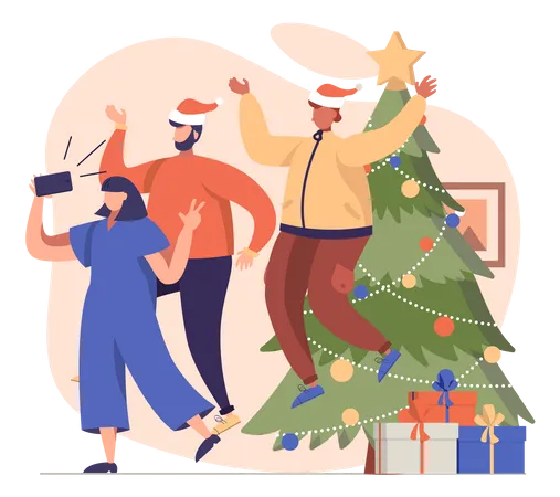 Amis prenant un selfie la veille de Noël  Illustration