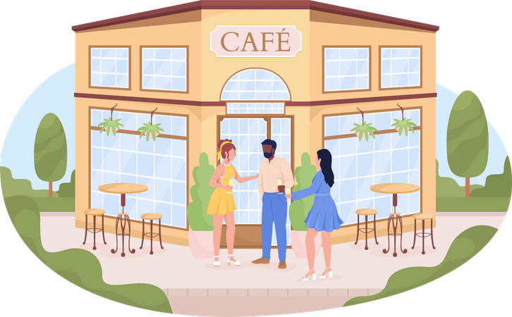 Amis près du bâtiment du café dans la rue  Illustration