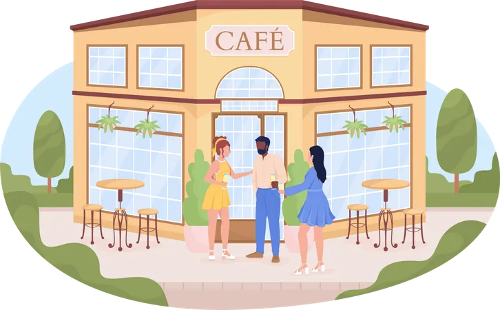 Amis près du bâtiment du café dans la rue  Illustration