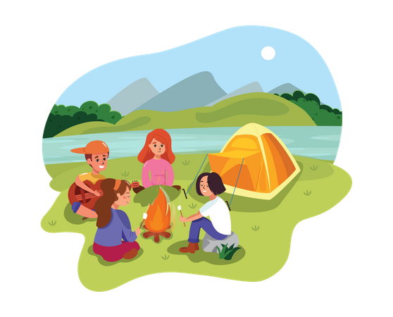 Amis appréciant le camping  Illustration