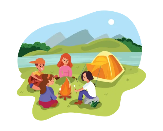 Amis appréciant le camping  Illustration